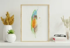 Image of a feather watercolor painting by Shayna Larsen, originals & prints available