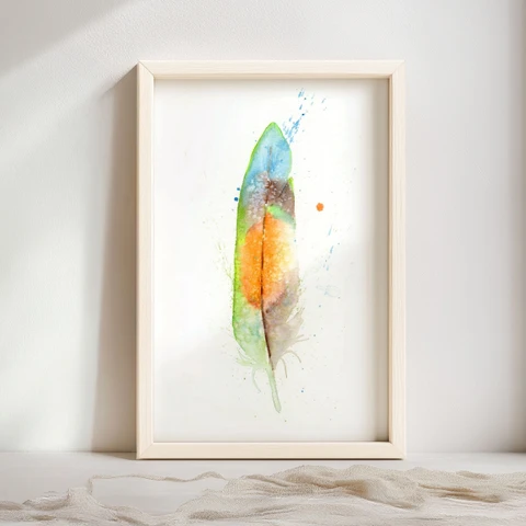Image of a feather watercolor painting by Shayna Larsen, originals & prints available