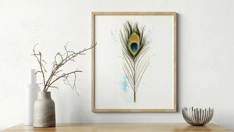 Image of a feather watercolor painting by Shayna Larsen, originals & prints available