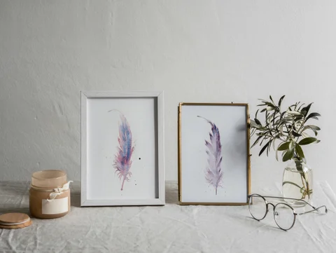 Image of a feather watercolor painting by Shayna Larsen, originals & prints available
