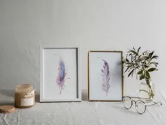 Image of a feather watercolor painting by Shayna Larsen, originals & prints available