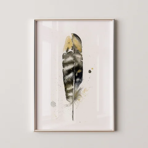 Image of a feather watercolor painting by Shayna Larsen, originals & prints available