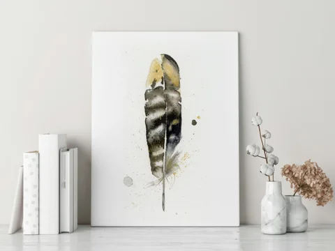 Image of a feather watercolor painting by Shayna Larsen, originals & prints available