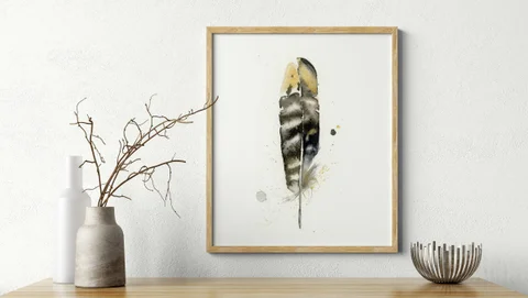 Image of a feather watercolor painting by Shayna Larsen, originals & prints available