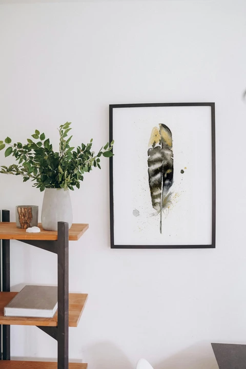 Image of a feather watercolor painting by Shayna Larsen, originals & prints available