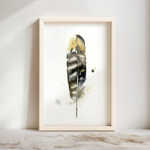 Image of a feather watercolor painting by Shayna Larsen, originals & prints available