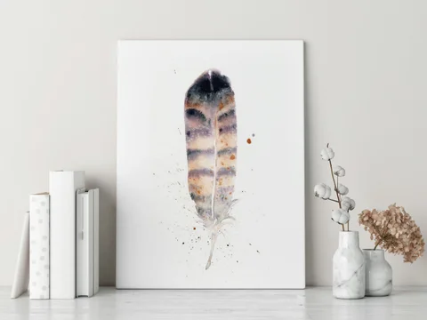 Image of a feather watercolor painting by Shayna Larsen, originals & prints available