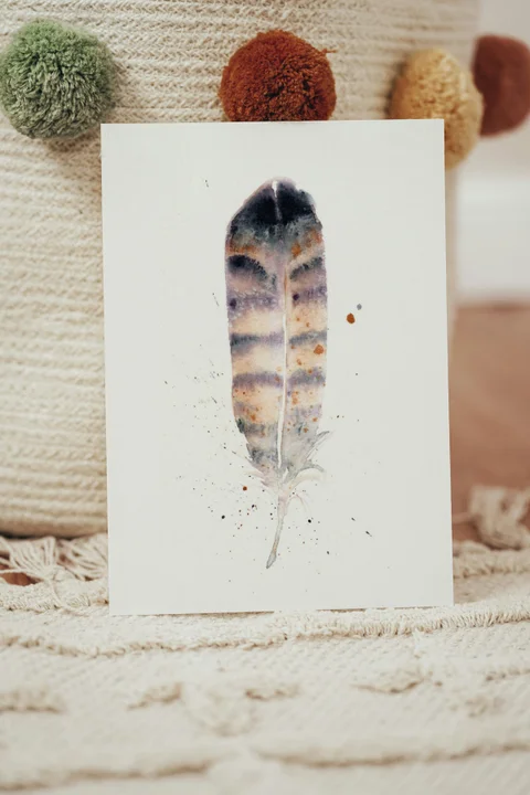 Image of a feather watercolor painting by Shayna Larsen, originals & prints available
