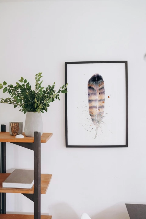 Image of a feather watercolor painting by Shayna Larsen, originals & prints available
