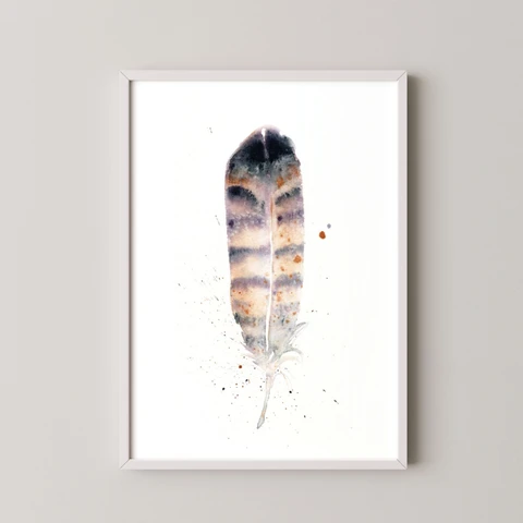 Image of a feather watercolor painting by Shayna Larsen, originals & prints available
