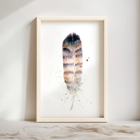 Image of a feather watercolor painting by Shayna Larsen, originals & prints available