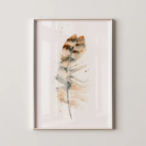 Image of a feather watercolor painting by Shayna Larsen, originals & prints available