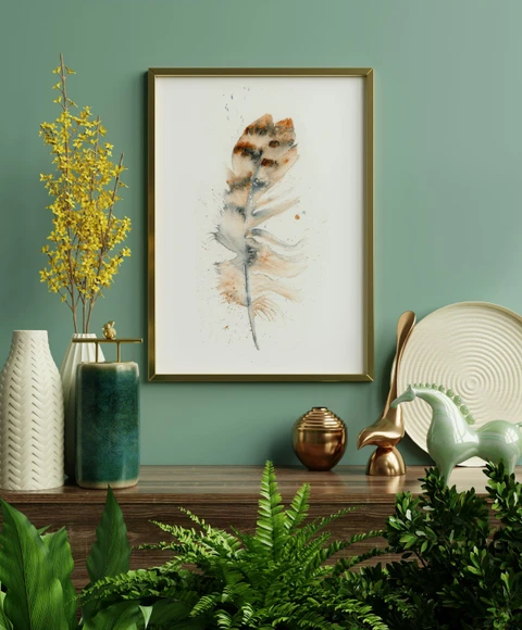 Image of a feather watercolor painting by Shayna Larsen, originals & prints available