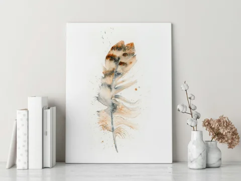 Image of a feather watercolor painting by Shayna Larsen, originals & prints available