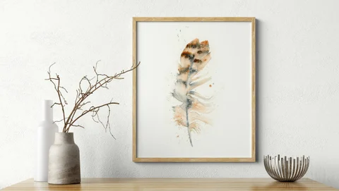 Image of a feather watercolor painting by Shayna Larsen, originals & prints available