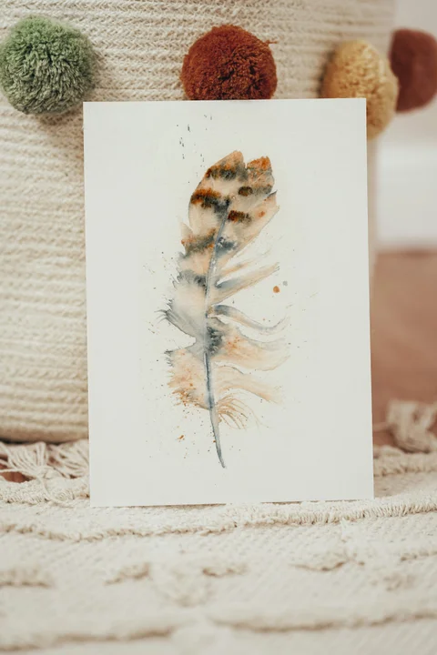 Image of a feather watercolor painting by Shayna Larsen, originals & prints available