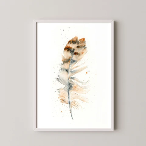 Image of a feather watercolor painting by Shayna Larsen, originals & prints available