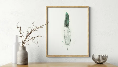 Image of a feather watercolor painting by Shayna Larsen, originals & prints available