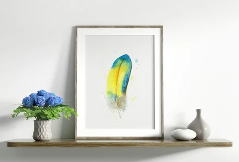 Image of a feather watercolor painting by Shayna Larsen, originals & prints available