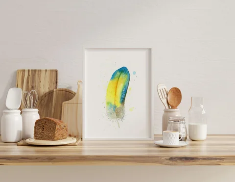 Image of a feather watercolor painting by Shayna Larsen, originals & prints available