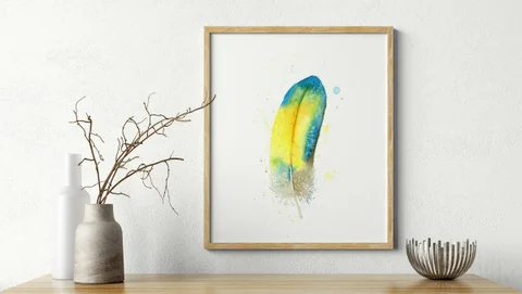 Image of a feather watercolor painting by Shayna Larsen, originals & prints available
