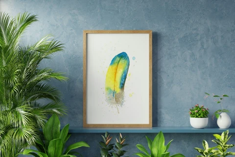 Image of a feather watercolor painting by Shayna Larsen, originals & prints available