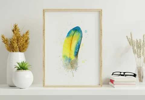 Image of a feather watercolor painting by Shayna Larsen, originals & prints available
