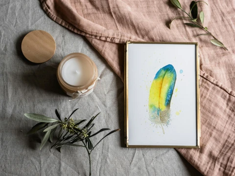 Image of a feather watercolor painting by Shayna Larsen, originals & prints available