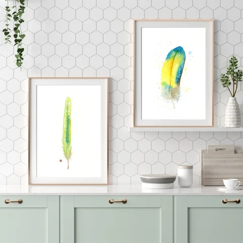 Image of a feather watercolor painting by Shayna Larsen, originals & prints available