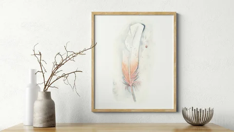 Image of a feather watercolor painting by Shayna Larsen, originals & prints available