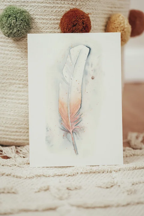 Image of a feather watercolor painting by Shayna Larsen, originals & prints available