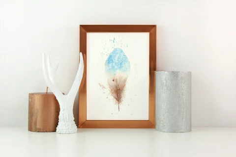 Image of a feather watercolor painting by Shayna Larsen, originals & prints available