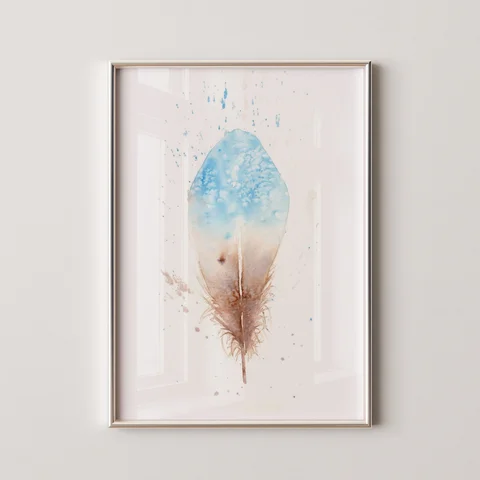 Image of a feather watercolor painting by Shayna Larsen, originals & prints available