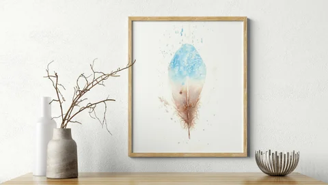 Image of a feather watercolor painting by Shayna Larsen, originals & prints available