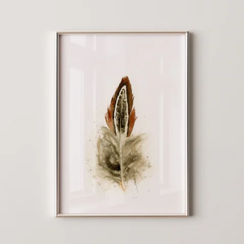 Image of a feather watercolor painting by Shayna Larsen, originals & prints available