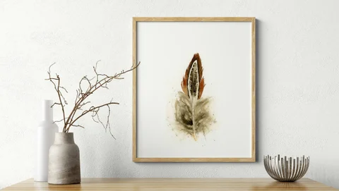 Image of a feather watercolor painting by Shayna Larsen, originals & prints available