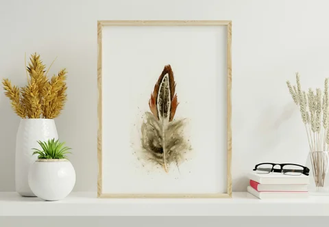 Image of a feather watercolor painting by Shayna Larsen, originals & prints available