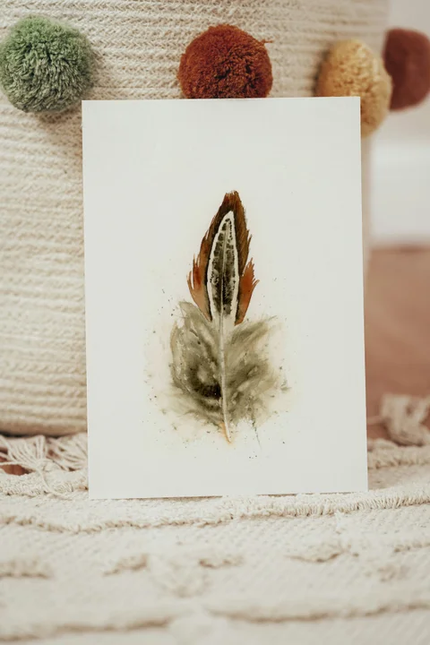 Image of a feather watercolor painting by Shayna Larsen, originals & prints available