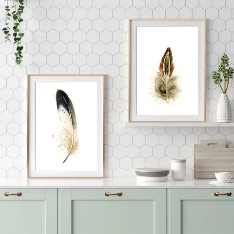 Image of a feather watercolor painting by Shayna Larsen, originals & prints available
