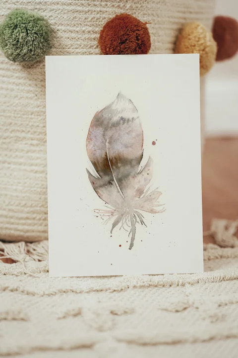 Image of a feather watercolor painting by Shayna Larsen, originals & prints available