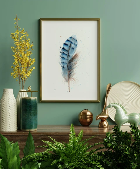 Image of a feather watercolor painting by Shayna Larsen, originals & prints available