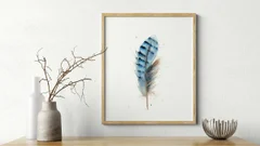 Image of a feather watercolor painting by Shayna Larsen, originals & prints available