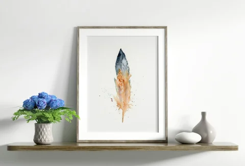 Image of a feather watercolor painting by Shayna Larsen, originals & prints available