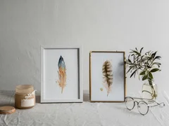 Image of a feather watercolor painting by Shayna Larsen, originals & prints available