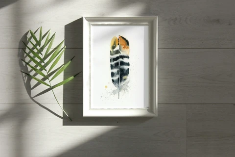 Image of a feather watercolor painting by Shayna Larsen, originals & prints available