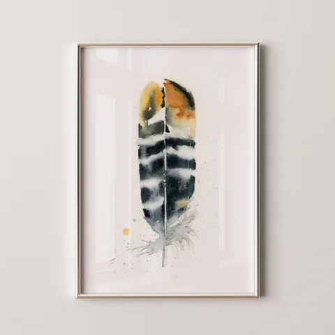 Image of a feather watercolor painting by Shayna Larsen, originals & prints available