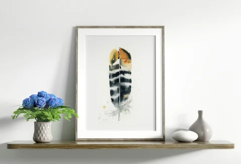 Image of a feather watercolor painting by Shayna Larsen, originals & prints available