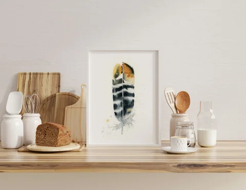 Image of a feather watercolor painting by Shayna Larsen, originals & prints available