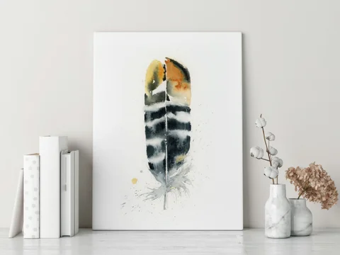 Image of a feather watercolor painting by Shayna Larsen, originals & prints available