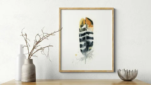 Image of a feather watercolor painting by Shayna Larsen, originals & prints available